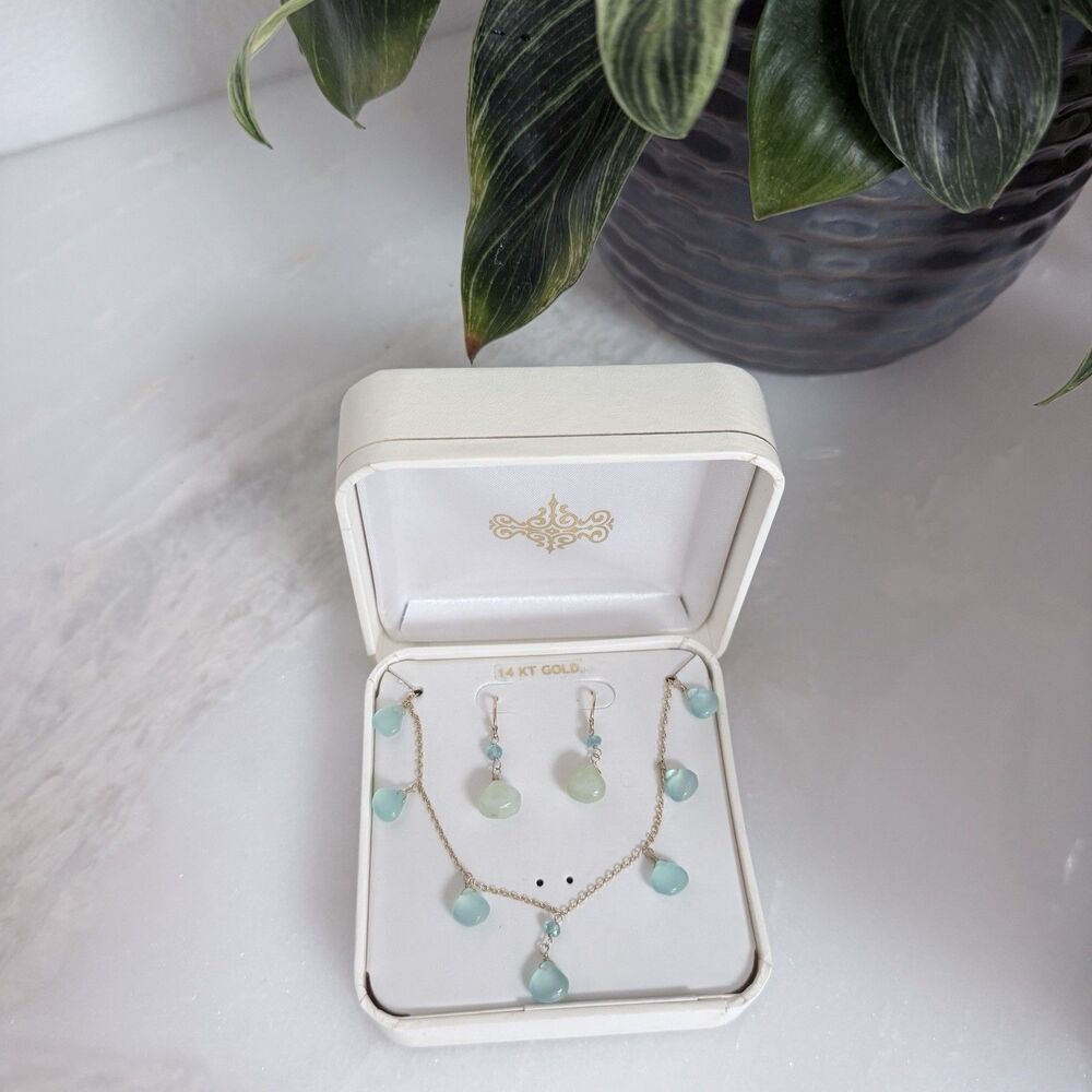 NEW Jewelmak 14K Gold Seafoam Chalcedony Necklace Earring Set Vintage Boho - Picture 15 of 15